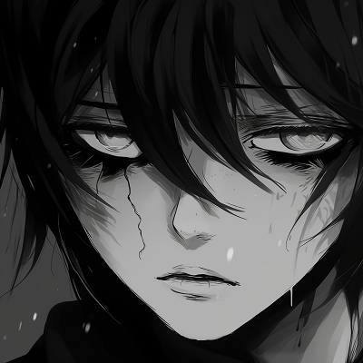 Image For Post | An anime character's eyes, shrouded in shadow, using uniform shading and detailed lines. aesthetic anime profile picture black and white - [Anime Profile Picture Black and White](https://hero.page/pfp/anime-profile-picture-black-and-white)