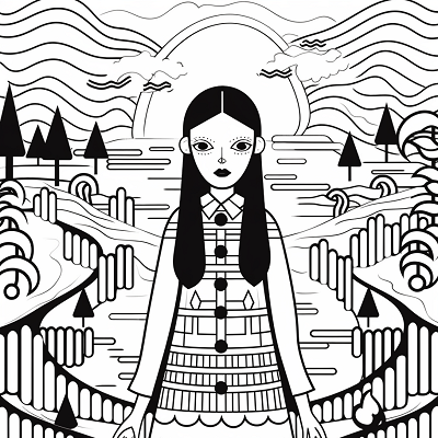 Image For Post | An elegantly detailed portrait of Wednesday Addams surrounded by unique patterns. printable coloring page, black and white, free download - [Wednesday Addams Coloring Book Pages ](https://hero.page/coloring/wednesday-addams-coloring-book-pages-fun-coloring-for-all-ages)