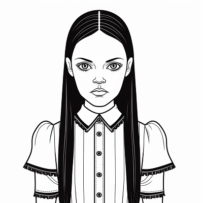 Image For Post | Classic depiction of Wednesday Addams with braided hair and collared dress; precise linework. printable coloring page, black and white, free download - [Wednesday Addams Coloring Pictures Pages ](https://hero.page/coloring/wednesday-addams-coloring-pictures-pages-fun-and-creative)