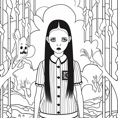 Image For Post | Scene of Wednesday Addams with an exceptionally detailed and stylish backdrop. printable coloring page, black and white, free download - [Wednesday Addams Coloring Book Pages ](https://hero.page/coloring/wednesday-addams-coloring-book-pages-fun-coloring-for-all-ages)