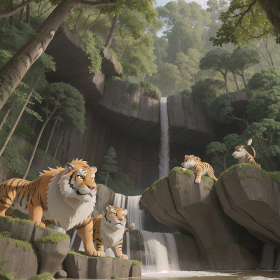 Image For Post Anime, forest, waterfall, cavemen, sabertooth tiger, beach, HD, 4K, AI Generated Art