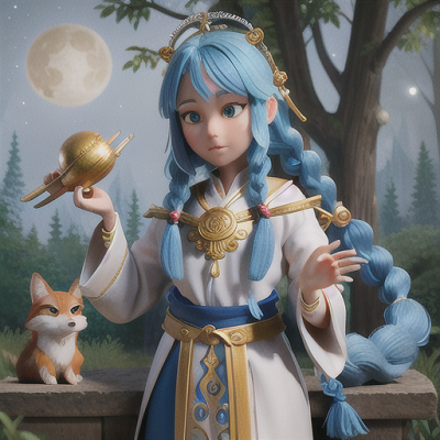 Image For Post Anime Art, Noble shrine guardian, blue hair with intricate braids, at a serene