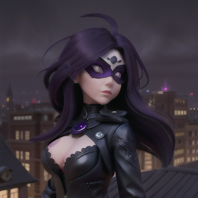 Image For Post Anime Art, Enigmatic assassin, deep violet eye mask and flowing raven hair, in a moonlit city