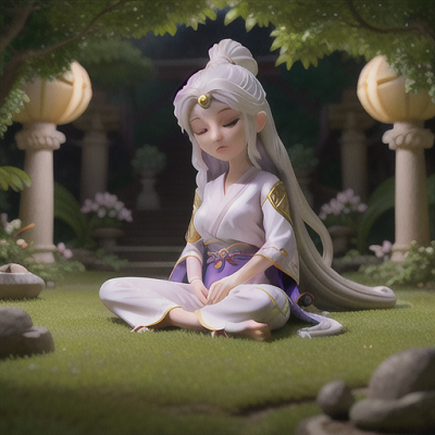 Image For Post Anime Art, Mystical ninja healer, long silvery hair cascading down, within an enchanting temple garden