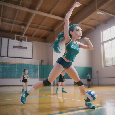 Image For Post Anime Art, Athletic volleyball player, tousled teal hair in a ponytail, on an indoor court during an intense match