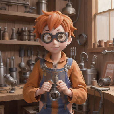 Image For Post Anime Art, Quirky inventor boy, messy orange hair and goggles, in a steampunk workshop