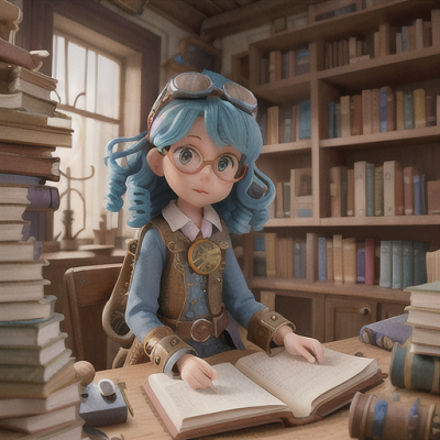Image For Post Anime Art, Curious inventor girl, sky-blue hair in messy curls, amidst stacks of books in a cluttered workshop