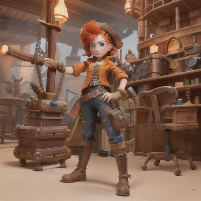 Image For Post Anime Art, Resourceful pirate engineer, spiky orange hair and mechanical limbs, hard at work repairing a damaged pirate