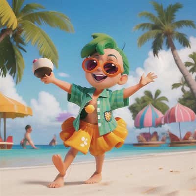 Image For Post Anime Art, Goofy beach mascot, green-haired anthropomorphic turtle, entertaining children at a beachside festival