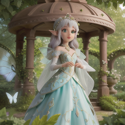 Image For Post | Anime, manga, Charming fairy princess, shimmering silver hair and delicate elf ears, inside a lush secret garden, dancing gracefully with butterflies, elegant ivy-engulfed gazebo in the background, regal gown with floral embroidery, soft and ethereal art style, an air of elegance and enchantment - [AI Art, Anime Elf Ears ](https://hero.page/examples/anime-elf-ears-stable-diffusion-prompt-library)