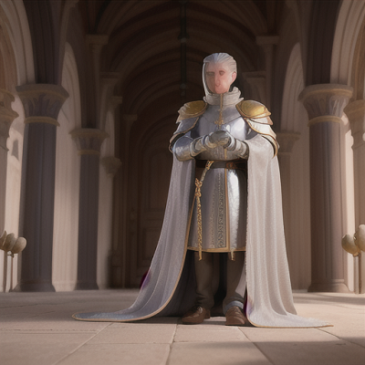 Image For Post Anime Art, Veteran knight, silver hair slicked back, in a grand royal courtyard