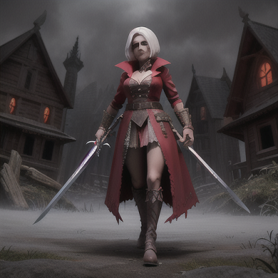 Image For Post Anime Art, Undaunted demon hunter, white hair tinged with red, in an eerie