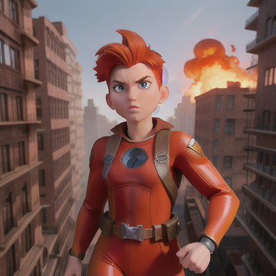 Image For Post Anime Art, Dauntless superhero, fiery orange hair in an impossibly high quiff, in the midst of a citywide evacuation