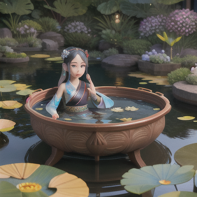 Image For Post | Anime, manga, Ancient sacred koi, iridescent blue and silver scales, swimming gracefully in a tranquil pond, being fed by a gentle maiden, lotus flowers blooming on the water's surface, silk kimono with intricate floral patterns, delicate and detailed anime style, a calm and peaceful ambiance - [AI Art, Anime Themed Creatures ](https://hero.page/examples/anime-themed-creatures-stable-diffusion-prompt-library)