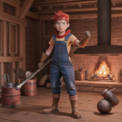 Image For Post | Anime, manga, Charismatic blacksmith, fiery red hair covered by a cloth headband, in a medieval-anime fusion forge, crafting a legendary anime-inspired weapon, the heat from the molten metal visible, wearing soot-stained overalls and protective gloves, blending hand-drawn and digital art styles, a scene of ambition and commitment - [AI Art, Anime Practical Overalls ](https://hero.page/examples/anime-practical-overalls-stable-diffusion-prompt-library)