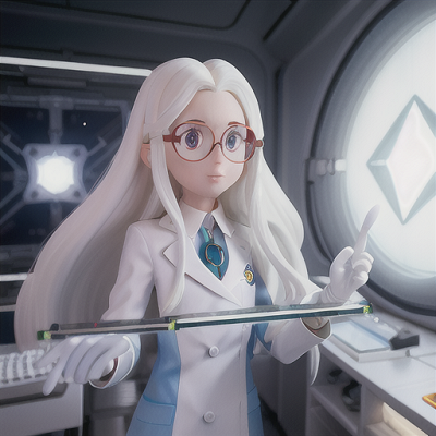 Image For Post Anime Art, Astute scientist, long white hair and glasses that glint in the light, inside a cutting-edge space laborator