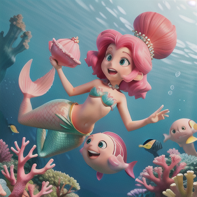 Image For Post Anime Art, Playful mermaid girl, shimmering pink hair, underwater coral palace