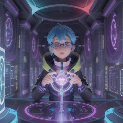 Image For Post Anime Art, Keen-eyed spellcaster, electric blue hair with glasses, in a futuristic city infused with magic