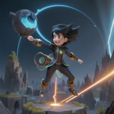 Image For Post Anime Art, Dimension-hopping adventurer, jet-black hair with a streak of golden lightning, standing at a portal nexus s