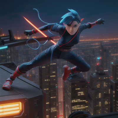 Image For Post Anime Art, Fearless ninja warrior, electric blue hair in a spiky style, traversing a night-time cityscape