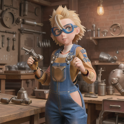 Image For Post Anime Art, Gifted mechanic prodigy, spiky blonde hair and steampunk goggles, in a buzzing workshop filled with machiner