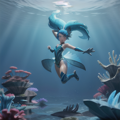 Image For Post Anime Art, Elusive water assassin, shimmering blue hair styled with fins, under a moonlit ocean surface