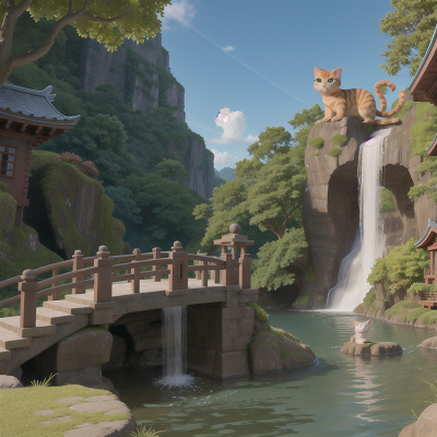 Image For Post Anime, temple, waterfall, cat, island, celebrating, HD, 4K, AI Generated Art