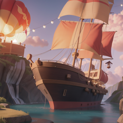 Image For Post Anime, balloon, pirate ship, waterfall, fire, carnival, HD, 4K, AI Generated Art