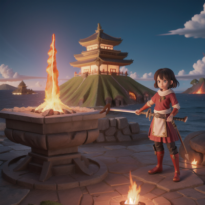 Image For Post Anime, sword, spell book, ocean, temple, volcanic eruption, HD, 4K, AI Generated Art