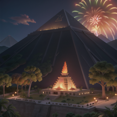 Image For Post Anime, pyramid, jungle, fireworks, volcano, knight, HD, 4K, AI Generated Art