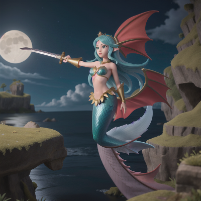 Image For Post Anime, moonlight, mermaid, dragon, king, sword, HD, 4K, AI Generated Art
