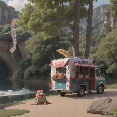 Image For Post Anime, taco truck, villain, pterodactyl, river, troll, HD, 4K, AI Generated Art