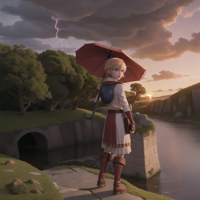 Image For Post Anime, umbrella, map, thunder, knight, sunset, HD, 4K, AI Generated Art
