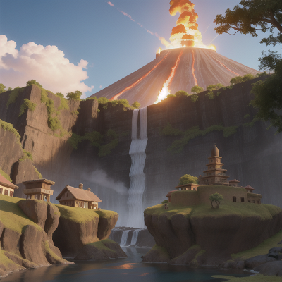Image For Post Anime, tower, waterfall, lava, museum, volcano, HD, 4K, AI Generated Art