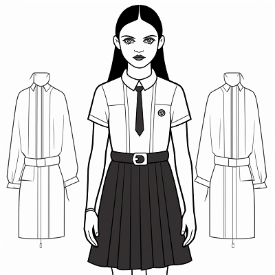 Image For Post | Simplified illustration of Wednesday Addams with basic shapes; iconic black dress with white collar. printable coloring page, black and white, free download - [Wednesday Addams Coloring Pages ](https://hero.page/coloring/wednesday-addams-coloring-pages-kids-and-adult-relaxation)