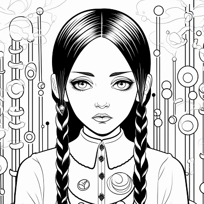 Image For Post | Full body image of Wednesday Addams; in a mystical scene with intricate patterns and swirling lines. printable coloring page, black and white, free download - [Wednesday Addams Coloring Book Pages ](https://hero.page/coloring/wednesday-addams-coloring-book-pages-fun-coloring-for-all-ages)