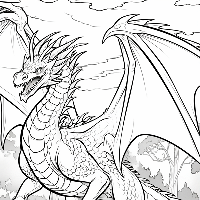 Image For Post | Winged dragon in the sky; pronounced scales and detailed wing patterns.printable coloring page, black and white, free download - [Dragon Coloring Page ](https://hero.page/coloring/dragon-coloring-page-printable-and-creative-designs)