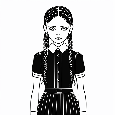 Image For Post | Wednesday Addams from the Addams Family in her characteristic outfit; simple lines with subtle shading. printable coloring page, black and white, free download - [Wednesday Addams Coloring Book Pages ](https://hero.page/coloring/wednesday-addams-coloring-book-pages-fun-coloring-for-all-ages)