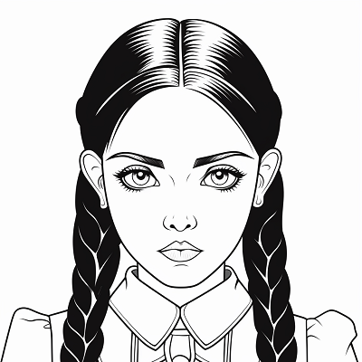 Image For Post | Wednesday Addams with her signature braided hair; clean minimalistic lines printable coloring page, black and white, free download - [Wednesday Addams Printable Coloring Pages, Adult Coloring Crafts, Kid Fun Pages](https://hero.page/coloring/wednesday-addams-printable-coloring-pages-adult-coloring-crafts-kid-fun-pages)
