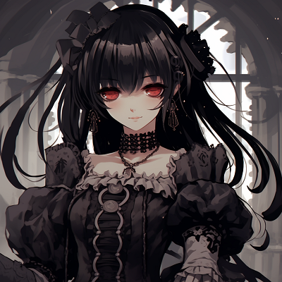 Image For Post | Anime girl illustrated in a Gothic Lolita fashion with intricate lace details and dark color tones. anime girl goth pfp - [Goth Anime PFP Gallery](https://hero.page/pfp/goth-anime-pfp-gallery)