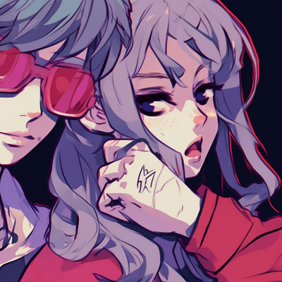Image For Post | Close-up of two characters, intense expressions and distinct signature styles. eccentric couple matching pfp pfp for discord. - [couple matching pfp, aesthetic matching pfp ideas](https://hero.page/pfp/couple-matching-pfp-aesthetic-matching-pfp-ideas)