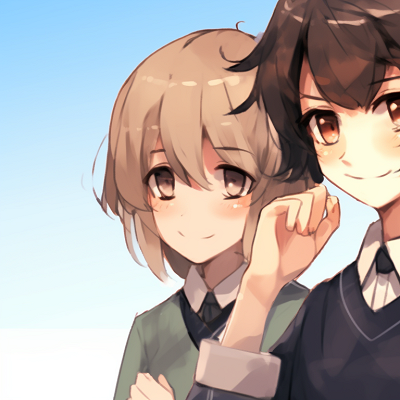 Image For Post | Four characters in school uniforms, pastel color palette and cheerful smiles. anime pfp matching for group chat pfp for discord. - [anime pfp matching, aesthetic matching pfp ideas](https://hero.page/pfp/anime-pfp-matching-aesthetic-matching-pfp-ideas)