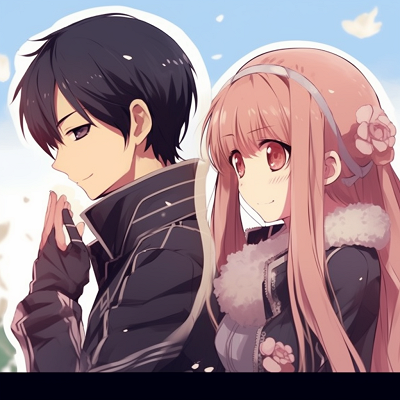Image For Post | Kirito and Asuna from Sword Art Online sharing a tender moment, soft colors and intricate shading best duo: matching anime pfp for girl and boy couples - [Boosted Selection of Matching Anime PFP for Couples](https://hero.page/pfp/boosted-selection-of-matching-anime-pfp-for-couples)