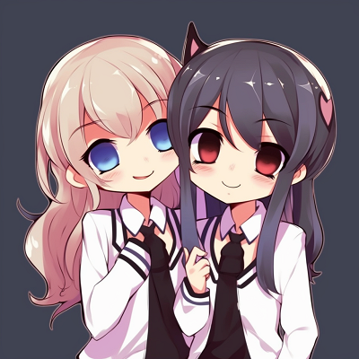 Image For Post | Two friends wearing matching school uniforms, dynamic composition with delicate lines. adorable matching anime pfp for best friends - [Matching Anime PFP Best Friends Collection](https://hero.page/pfp/matching-anime-pfp-best-friends-collection)