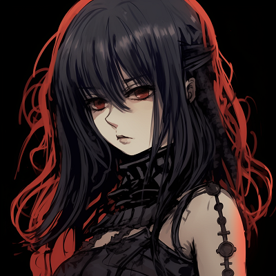 Image For Post | Gothic anime profile showcasing a girl in a detailed corset, noticeable stark black lines, and bold color contrasts. anime girl goth pfp - [Goth Anime PFP Gallery](https://hero.page/pfp/goth-anime-pfp-gallery)
