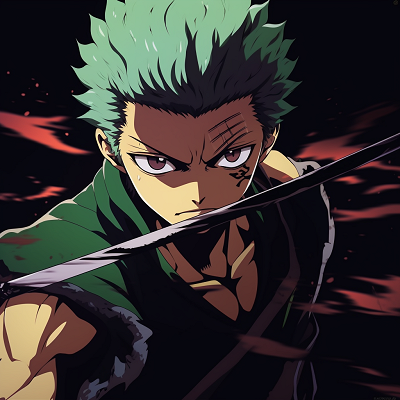Image For Post | Roronoa Zoro in dynamic battle pose, heavy lines and bold colors. high quality anime pfp in one piece theme - [High Quality Anime PFP Gallery](https://hero.page/pfp/high-quality-anime-pfp-gallery)