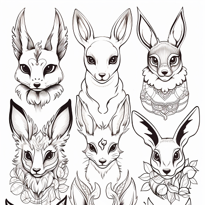 Image For Post | Artistic renderings of Eevee Evolutions; artistic embellishing with intricate patterns and designs. printable coloring page, black and white, free download - [Eevee Evolutions Coloring Pages: Adult, Kids, Pokemon Coloring](https://hero.page/coloring/eevee-evolutions-coloring-pages:-adult-kids-pokemon-coloring)