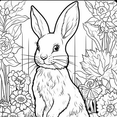 Image For Post Detailed Bunny Amidst Flowered Setting - Printable Coloring Page