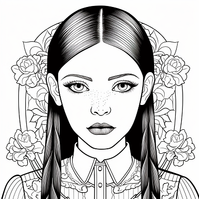 Image For Post | Detailed portrait of modern Wednesday Addams with fine lines and intricate patterns. printable coloring page, black and white, free download - [Wednesday Addams Coloring Pictures Pages ](https://hero.page/coloring/wednesday-addams-coloring-pictures-pages-fun-and-creative)