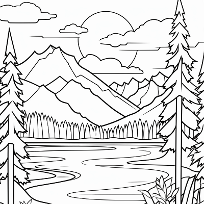 Image For Post Naturescape Twilight at the Lake - Printable Coloring Page